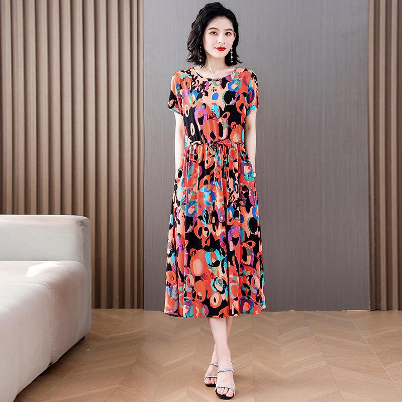 Women's Short Sleeve Midi Dress Round Neck Mid Rise Casual Floral Print A-Line Dress