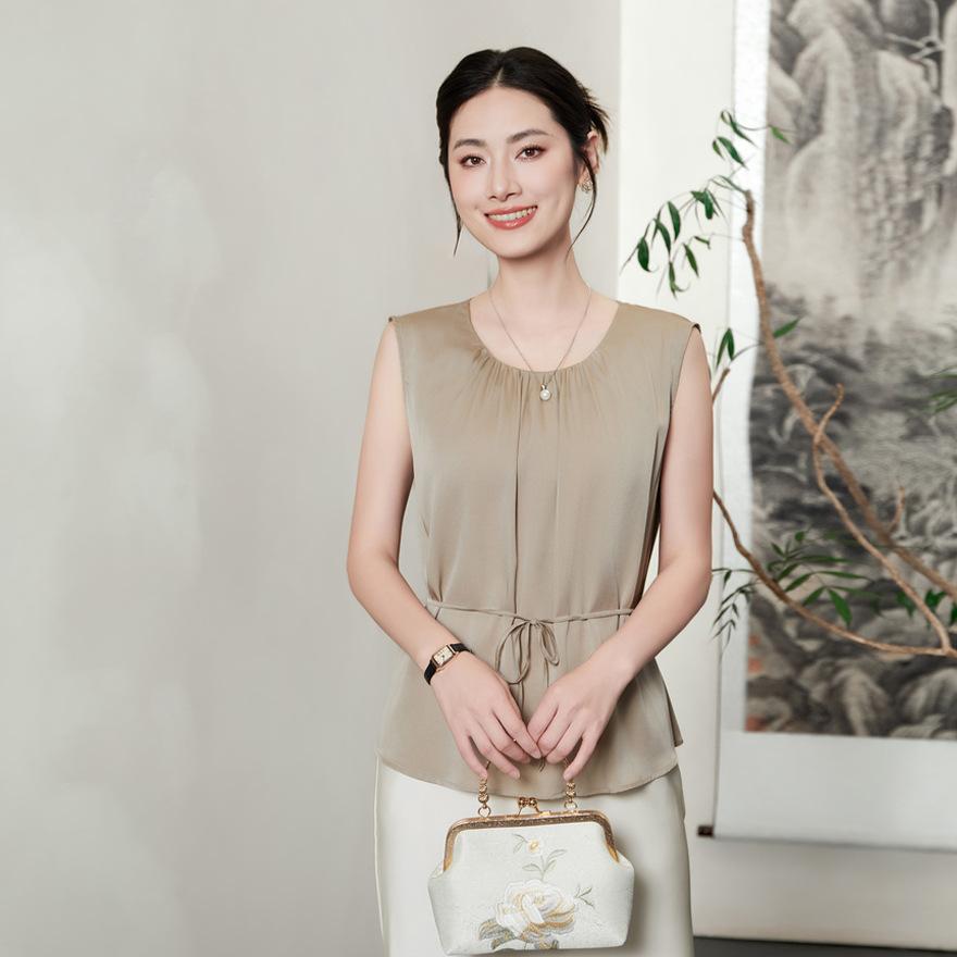 

Летний новый шелковый жилет женский без рукавов шелк тутового дерева сатин на шнуровке короткий плиссированный топ с круглым вырезом XXL