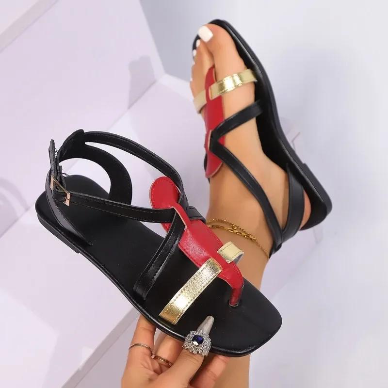 Mode Damen Schuhe 2025 Sommer Neu Offene Zehen Damen Sandalen Übergröße Gemischte Farben Schnallenriemen Flache Sandale Outdoor Täglich Lässige Flats