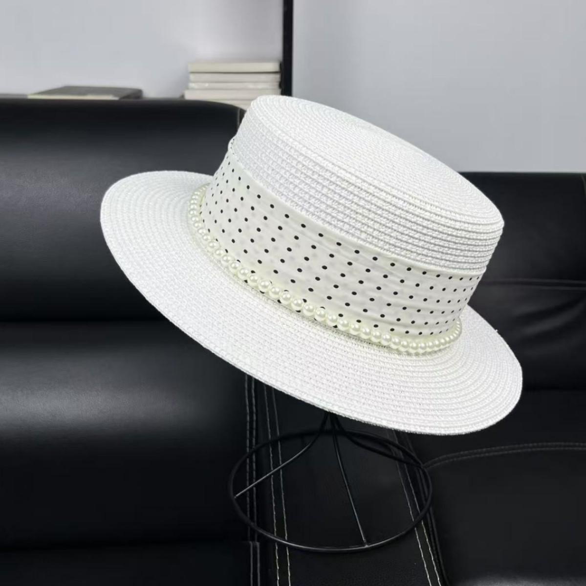 

Temperament flat-top straw hat women s summer outing sunshade polka dot decoration plus pearl top hat M（55-58cm） белый