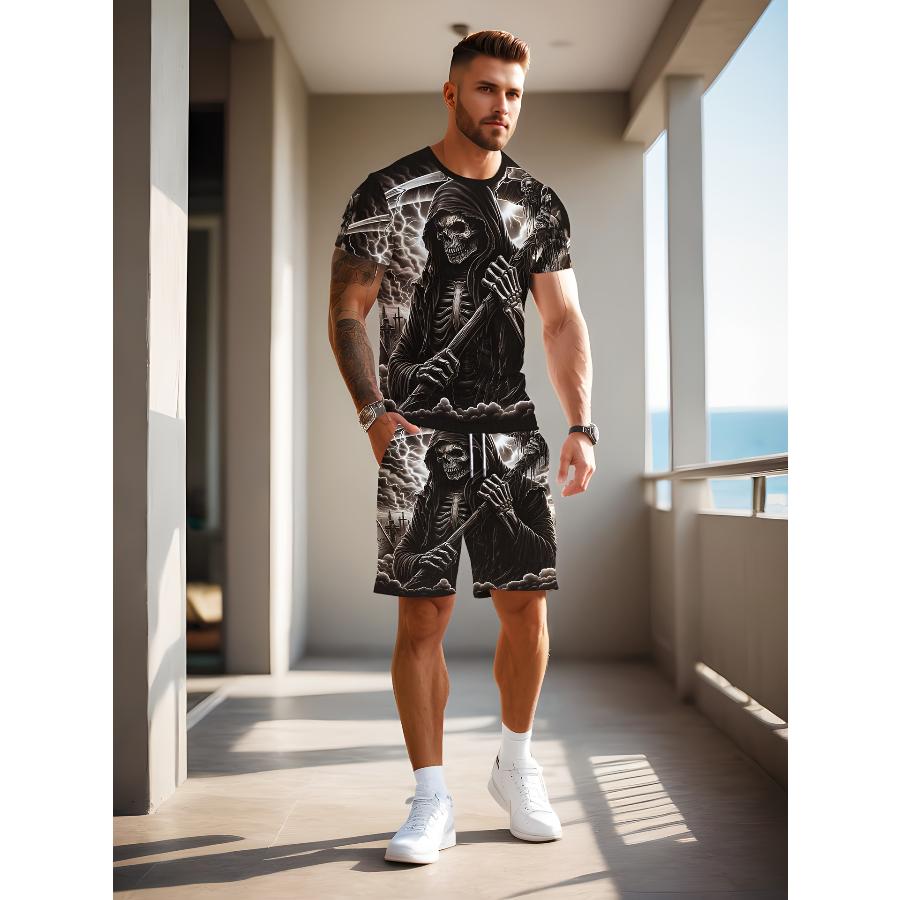 T-shirt da Uomo Manica Corta Pantaloncini Set Due Pezzi Stile Resort Moda Estate Stampa 3D