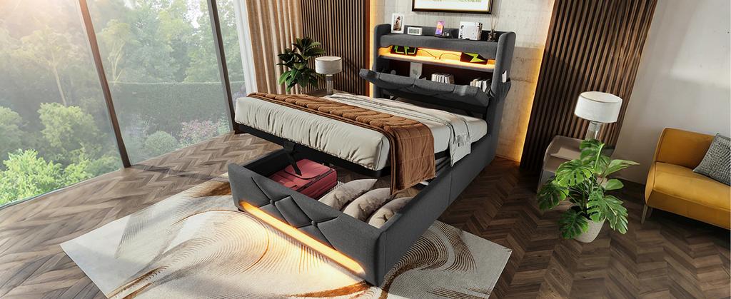 Upholstered Single Bed 90*200, Storage Headboard with USB, Type-C Port, 360 LED Around Head and Foot, Hydraulic Storage, Gray Linen (without Mattress)
