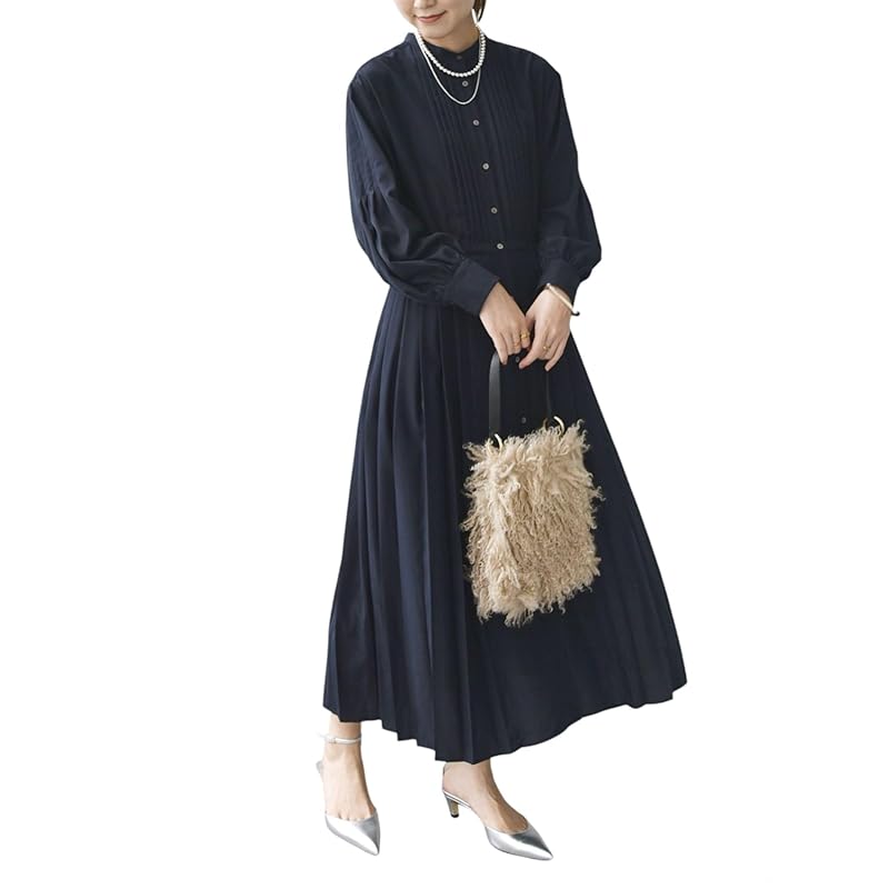 

[Ships Ladies] SHIPS for women one piece WEB limited Hand washable dot/floral pattern band color side pleats ladies 314514409 navy S