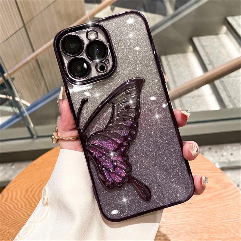 Bling Glitter Cute 3D Butterfly Flowing Quicksand Case For iPhone 16 15 11 12 13 14 Pro Max Gradient Color Soft Plating Cover