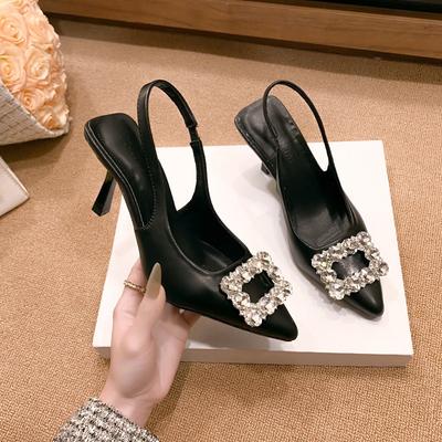 Temperament Pointed Rhinestones with Skirts, High Heels, New Banquet Flash Diamonds, Square Buckle Straps, High Heels