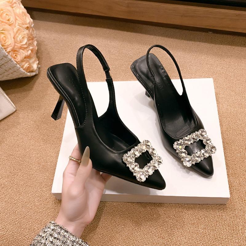 Temperament pointed rhinestones with skirts, high heels, new banquet flash diamonds, square buckle straps, high heels