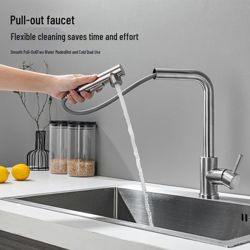 Stainless Steel Pull-out Kitchen Faucet with Dual-Function Telescopic Rotating Spout for Vegetable Sink (Hot & Cold Water)