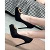 Suede Autumn Women's Single Shoes Square Buckle Waterproof Table Pointed Head Thin Heel High Heels Temperament Black Casual Small Man