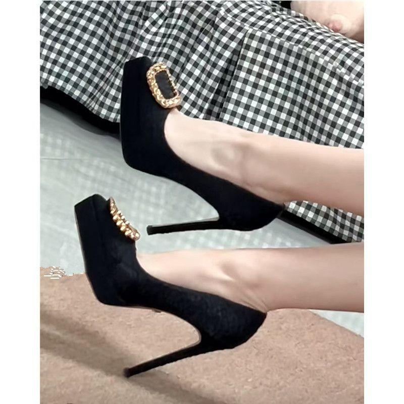 Autumn Spice Girl Black Pointed Thin Heel High Heel Waterproof Table Temperament Women's Single Shoes Suede Small Square Buckle