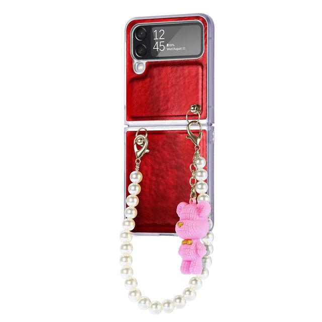 Für Samsung Galaxy Z Flip 4 5g Luxus Aurora Bunte Hülle mit Perlenkette Bär Anhänger Laser Gradient Bling Anti-Drop Cover