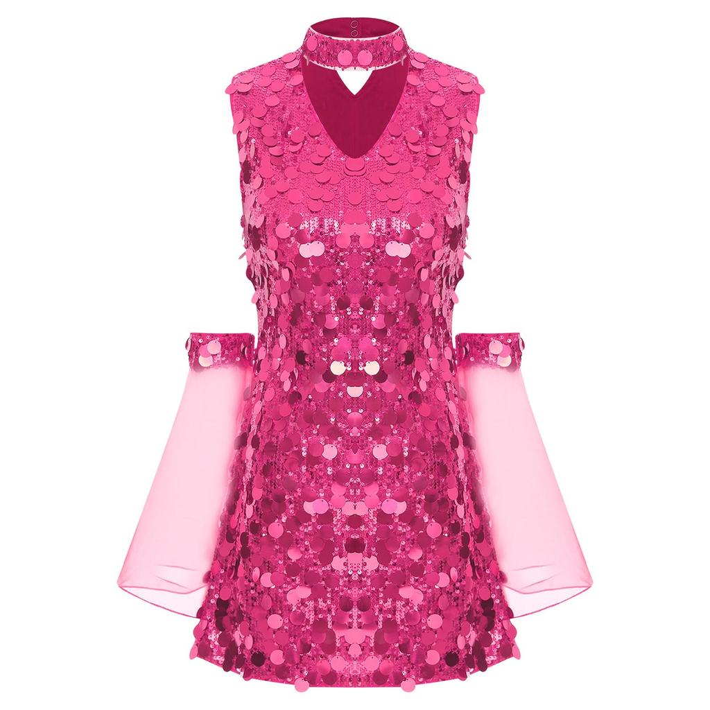 Costume Hippie Sequin da Donna per Halloween Anni '70 Disco Senza Maniche Mini Abito