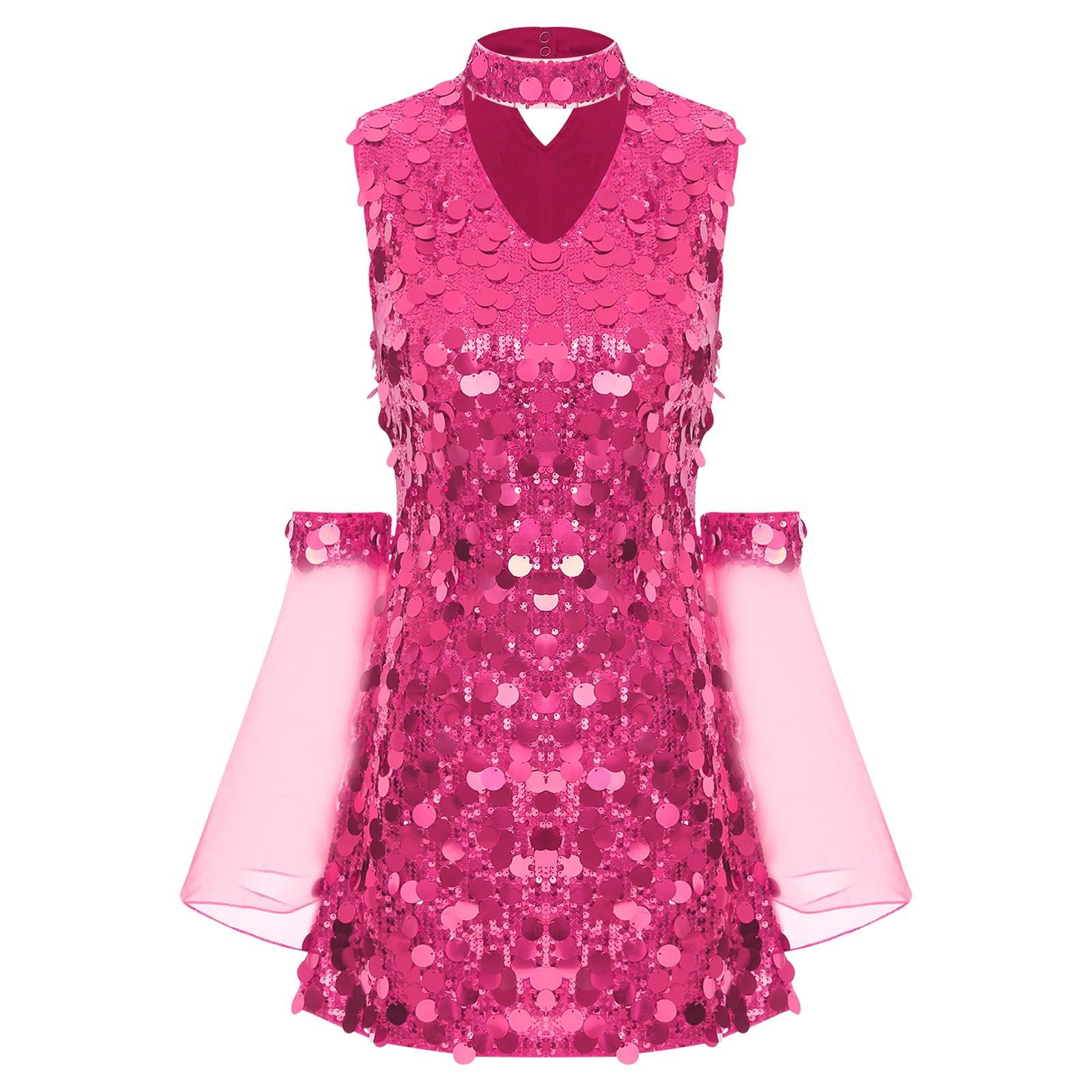 

Womens 70s Hippie Costume Sequin Hollow Out Mini Dress Removable Mesh Flare Sleeve Disco Party Outfit S гарячі рожевого кольору