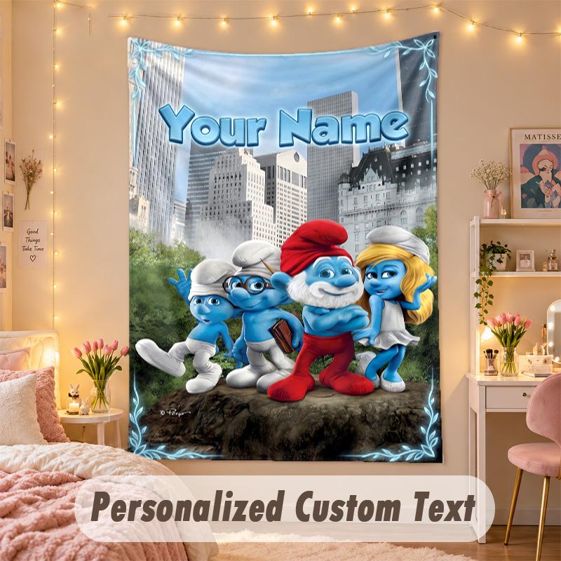 Custom Personalized Tapestry,Smurfs Print Custom Name Text Wall Art Hanging for Bedroom