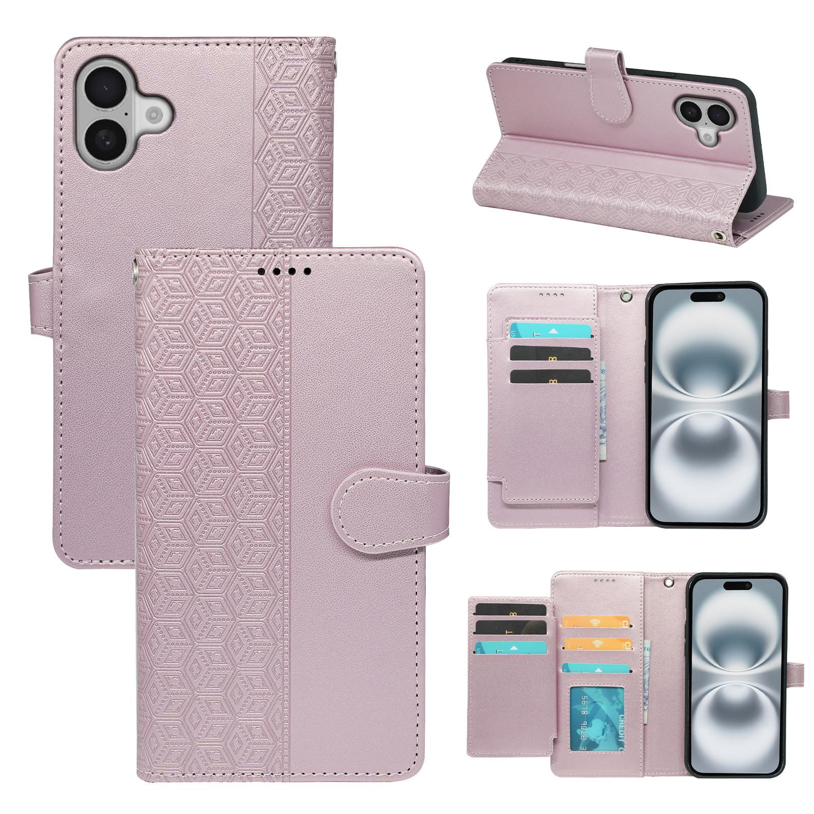 

For iPhone 16 Case with 9 Card Slots Checkered Pattern PU Leather Phone Cover Rose Gold