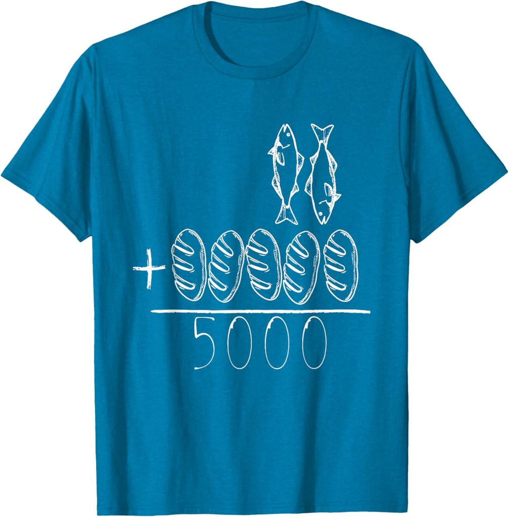 Die Speisung der 5000 Wunder Fisch Brot Jesus Christliche Bibelvers Grafik T-Shirt Herren Freizeit Kurzarm