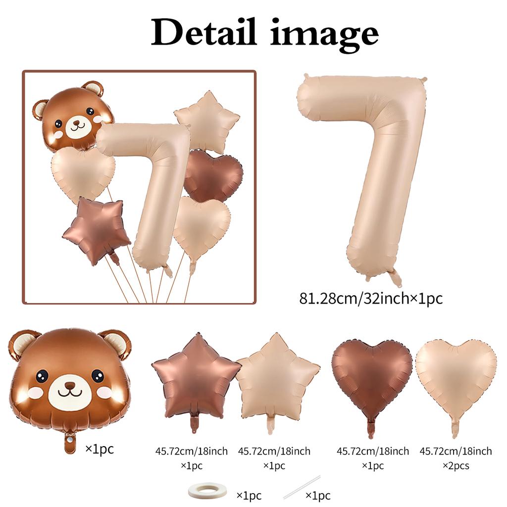 7pcs Cute Bear Balloon Set with 32 Inch Caramel Digital Aluminum Foil Balloon for Birthday Party Decoration Baby Shower Supplies