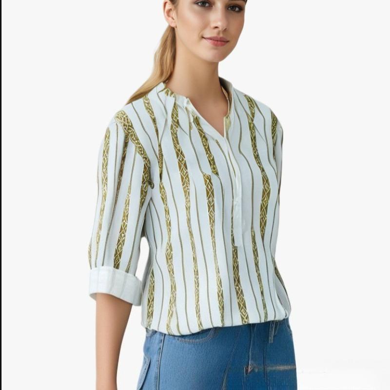 Women's Spring and Summer V-neck T-shirt Striped Printed Button-down Shirt Loose Long-sleeved Top