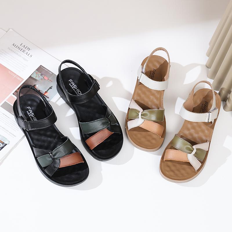 Top layer cowhide mom sandals for women's summer new soft bottom, non slip, comfortable, versatile leather flat sandals