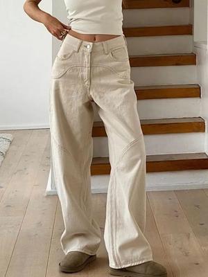 New Beige 2000s Vintage Baggy Jeans Women Y2k Harajuku High Waist Denim Trousers Female Retro Fashion 90s Aesthetic Wide Pants 2024
