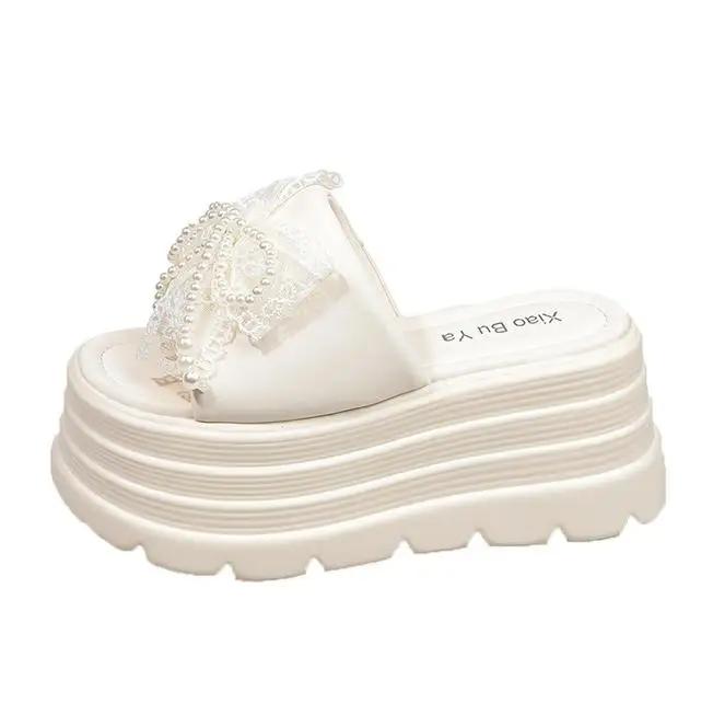 Fashion 8CM New 2025 Pearl Strap Chunky Sandals Women Summer High Platform Wedges Slippers Woman Fashion Heels Thick Bottom Beach Slides