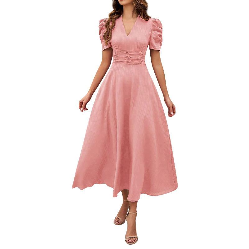 Spring and summer women's fashion temperament high waist solid color waist short-sleeved dress