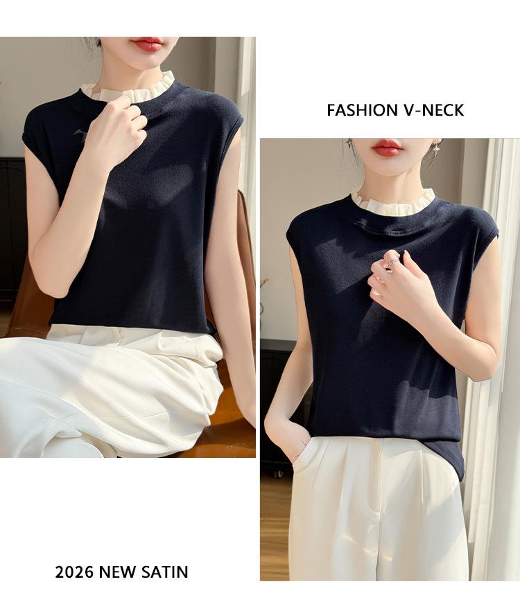 2026 Spring/Summer Women's Color Block Tencel Wool Organza Sleeveless Knit Vest