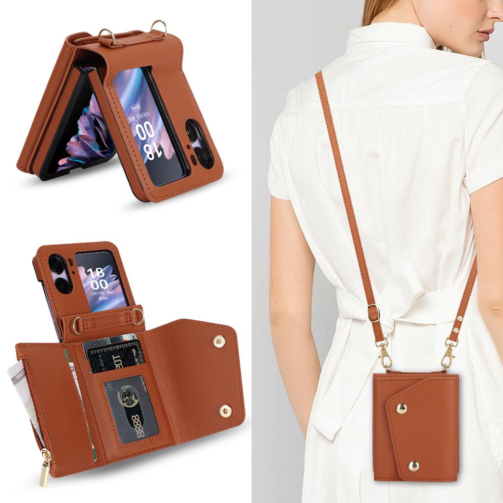 Multi-functional Crossbody Leather Zipper Wallet Cards Solt Case For OPPO Find N2 Flip 5G  Long Rope Lanyard Card Bag RFID Cover