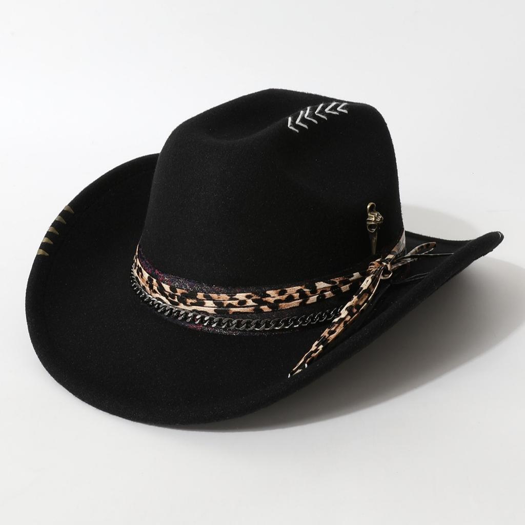 Popular women's flat-top woolen hat, western cowboy hat with hand-embroidered skull and metal decoration, versatile