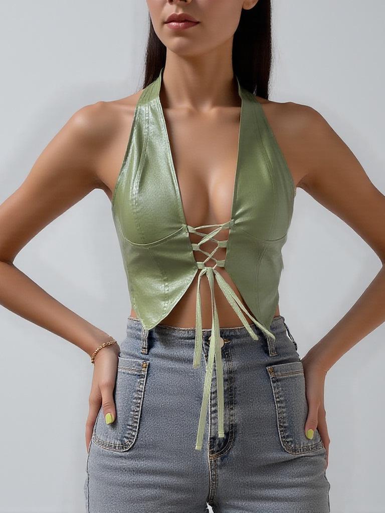 European Sexy Low-Cut Fishbone Cardigan PU Leather Halter Vest Camisole