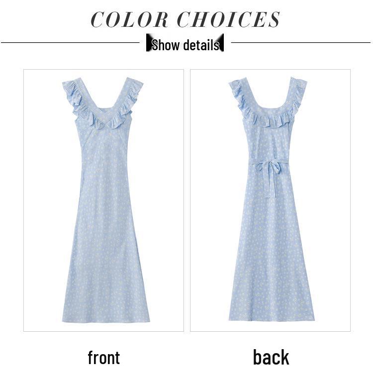 French Retro Floral Midi Dress - Elegant Ruffle Skirt for Summer Vacation