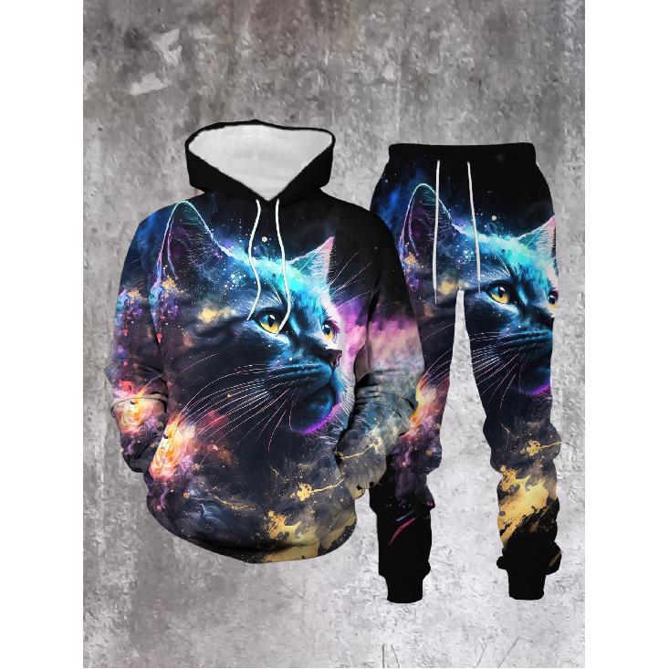 Hooded Men s Fashion Winter Casual Trendy Galaxy Cat 3D Print Pullover Hoodie Sweatpants Set Adults Men Street Style Cozy Casual Wear Holiday Gift S