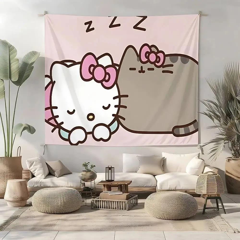 Hello Kitty Pusheen Sleep Tapestry Single Print Cute Stylish Durable Tapestry Home Living Room Bedroom Dorm Kawaii Vibe Decor