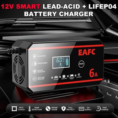 12V 6A Intelligentes Batterieladegerät, Puls-Reparatur-Ladegerät für Auto- und Motorrad-Blei-Säure-Batterien