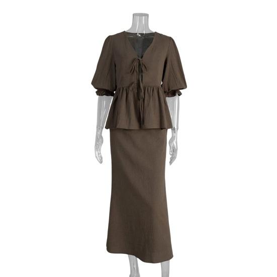 Women s Summer 2 Piece Skirt Sets Puff Short Sleeve Tie Front S