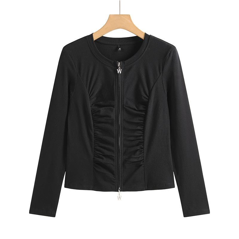 Women's Spring and Autumn Round Neck T-shirt Zipper Cardigan Fashionable and Versatile Pleated High-end Temperament Long-sleeved Top