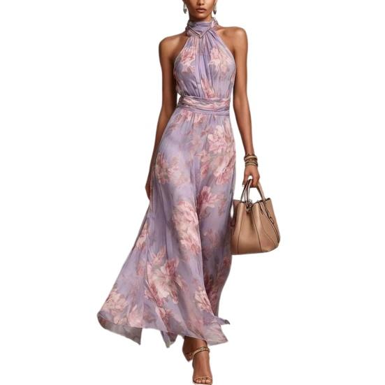 Yangyizhi Floral Chiffon Dress for Women, Halter Sleeveless Ruched Maxi Dress, Turtle Neck Wedding Guest Cocktail Evening