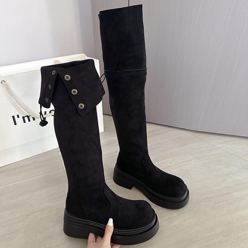 Klapp-Wildleder-Kniehohe Stiefel Hoher Absatz Herbst und Winter 2025 Neue Dicksohlige Kleine Stiefel Damen Maillard