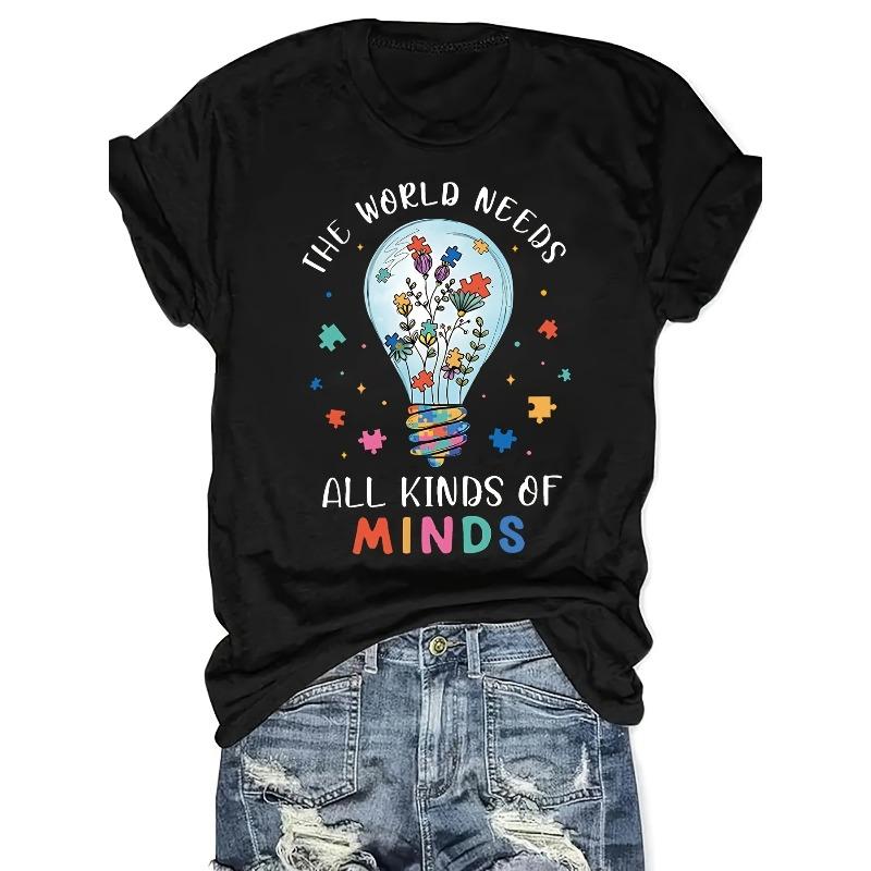 

Womens Autism Awareness Neurodiversity Graphic T Shirt The World Needs All Kinds of Minds Light Bulb Floral Print Soft Stretch Round Neck Casual 4XL чорний
