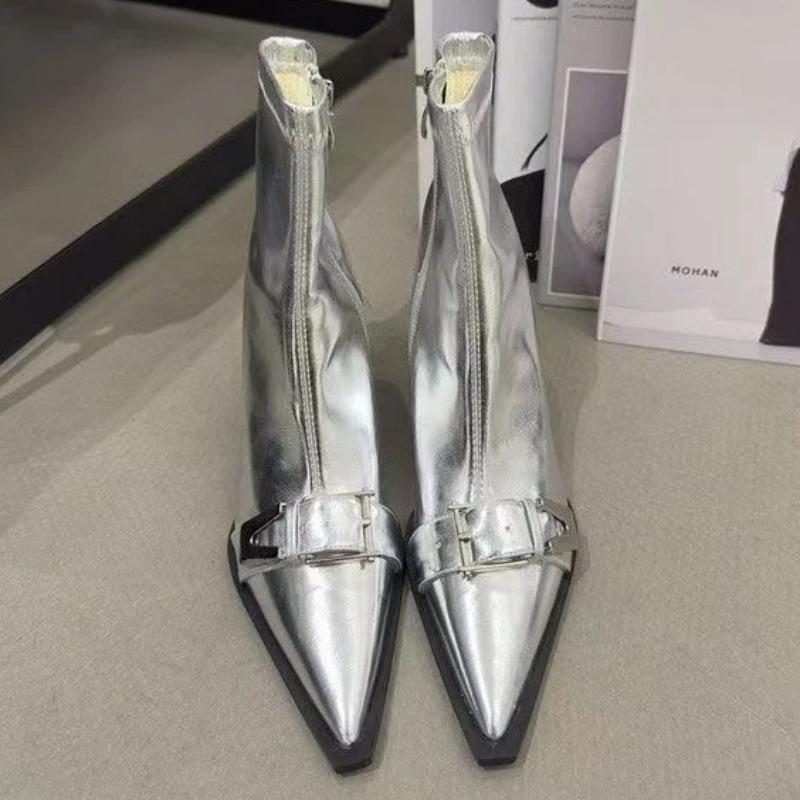 

English Stiletto Booties Spring Summer Pointed Toe Sleeve Non-Slip Metal Button Heels 40 срібний