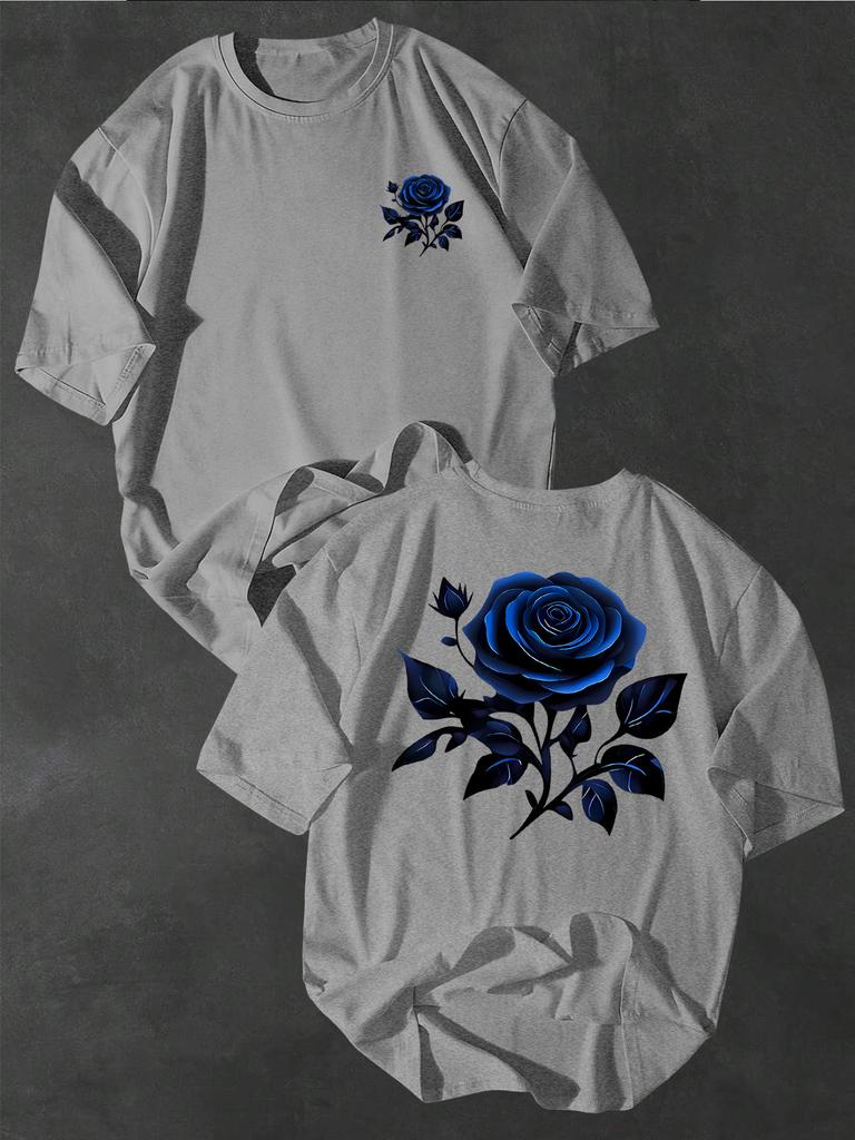 Stylish Unisexs TShirt With Blue Rose Print Casual Comfortable Loose Fit Versatile Simple Street Style