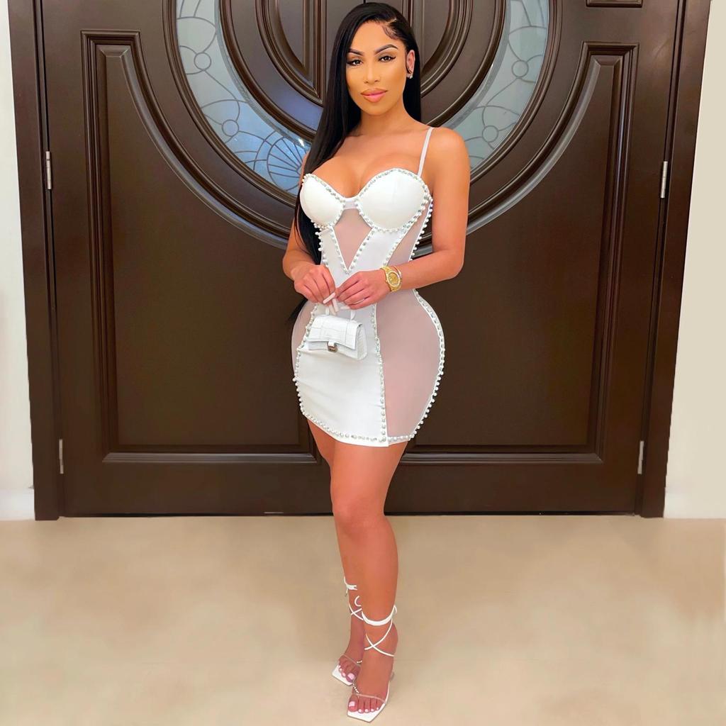 X5047 European-American Fashion Spaghetti Strap Mesh Bodycon Dress