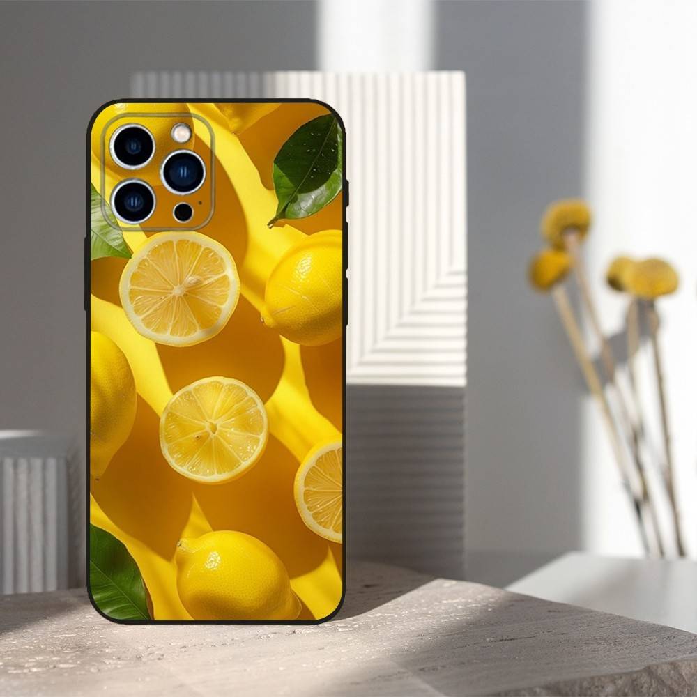 Fruit Art lemon Phone Case For iPhone 15,14,13,17,16,12,11,Plus,Pro Max,XS,X,Mini,8,7,XR,SE,Soft Silicone Black