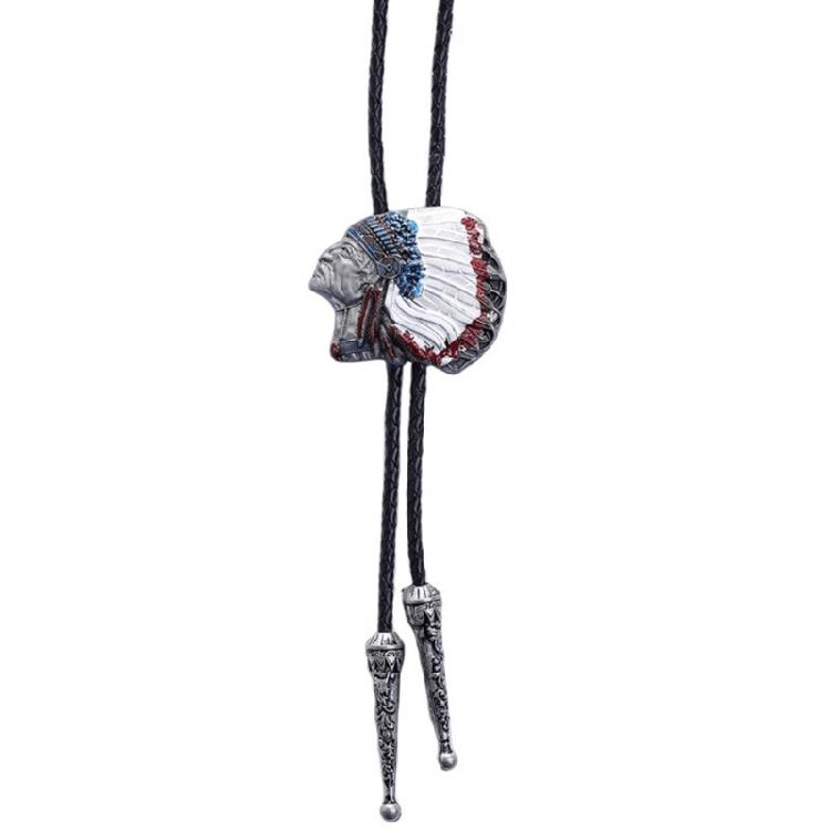 Mens Bolo Tie Indian Head Feathered Western Cowboy Necklace Jewelry Shirt Chain