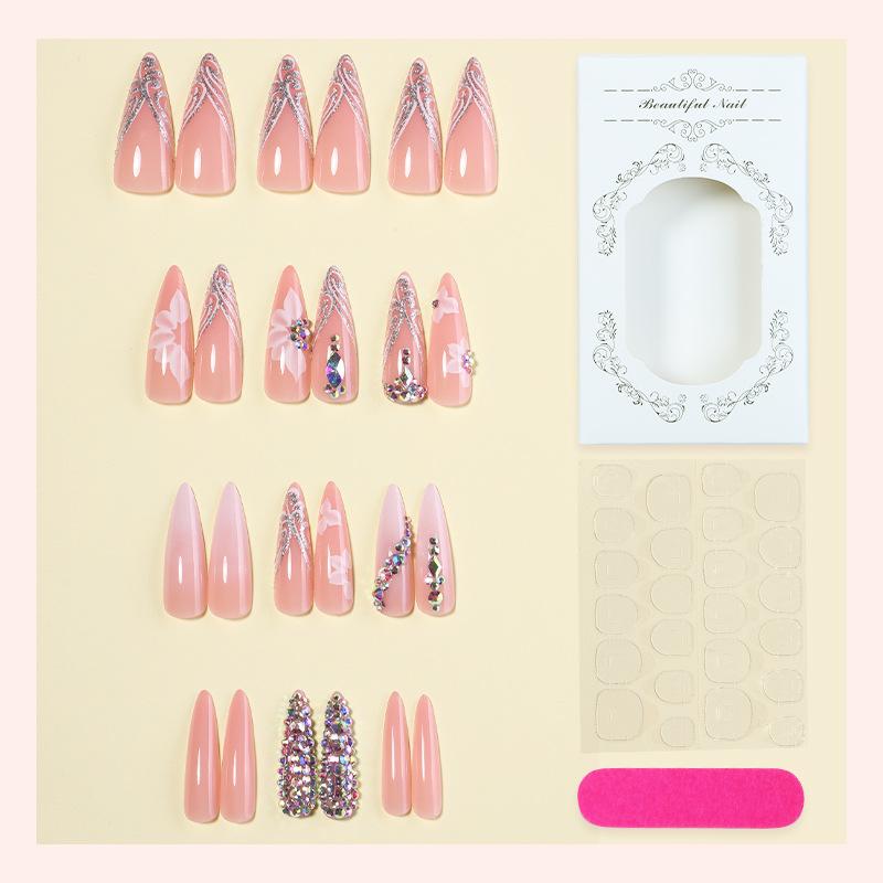 Cross-border Full Diamond Butterfly Wings Long Tip Wearing Nail Light Luxury Flash Diamond Long Nail Art Finished Nail Piece High Sense Nail