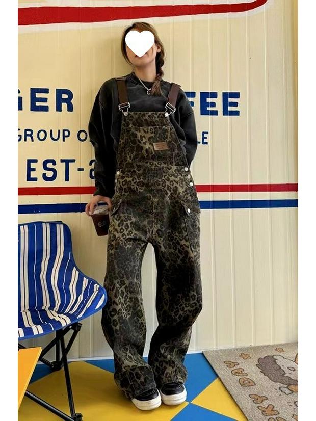 

Свободный прямой комбинезон в стиле унисекс в американском стиле с леопардовым принтом – новый тренд уличных брюк с широкими штанинами и множеством карманов XL цветной печати леопарда