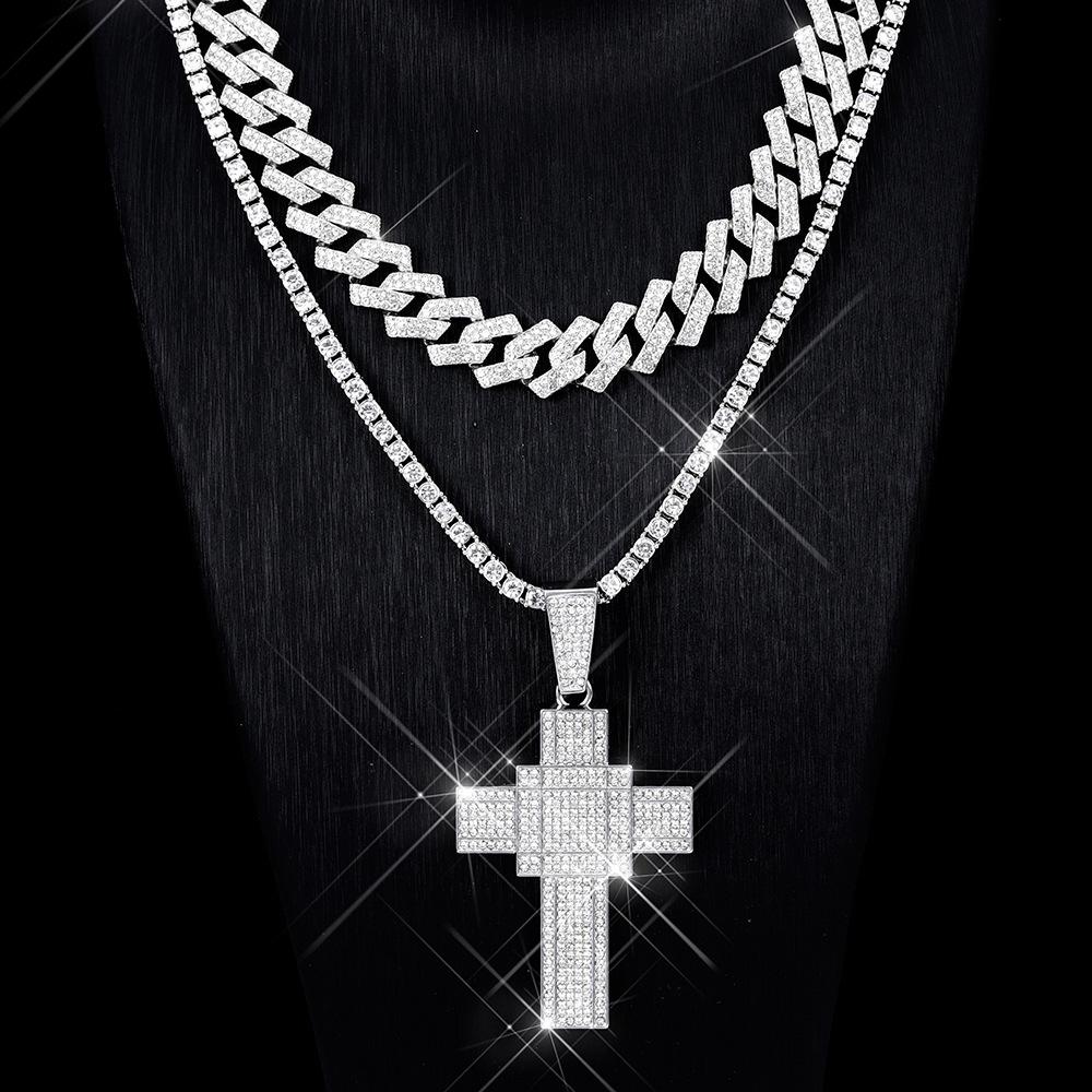 European & American Trendy Cuban Chain Layered Alloy Rhinestone Pendant Necklace Set for Men