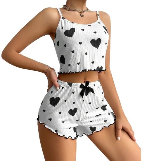 Women's Heart Print Ribbed Pajamas Set Crop Cami Tops And Shorts Cute Pjs