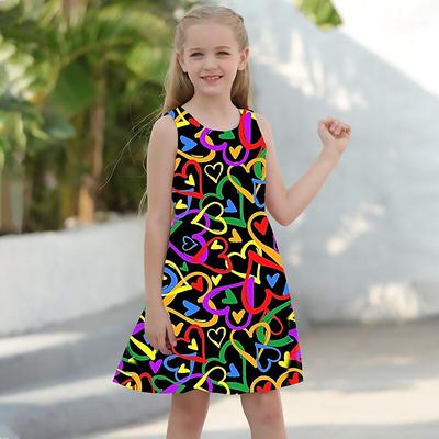 Girls' Dress Sleeveless 3D Colorful Hollow Heart Print Summer Spring Daily Cute Casual Sweet Kids A Line Dress Tank Dress Sleeping Good Night Dress