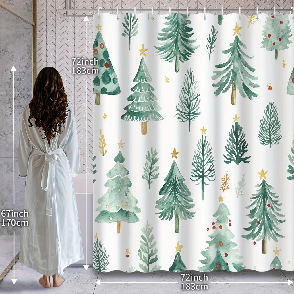 1Pc Christmas Green Theme Cartoon Pine Forest Shower Curtain, Decorative Printed Shower Curtain With 12 Hooks