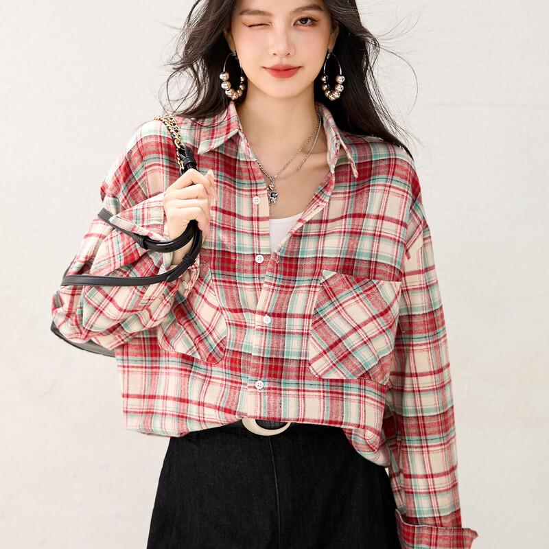 Women's Retro Plaid Lapel Cotton Shirt